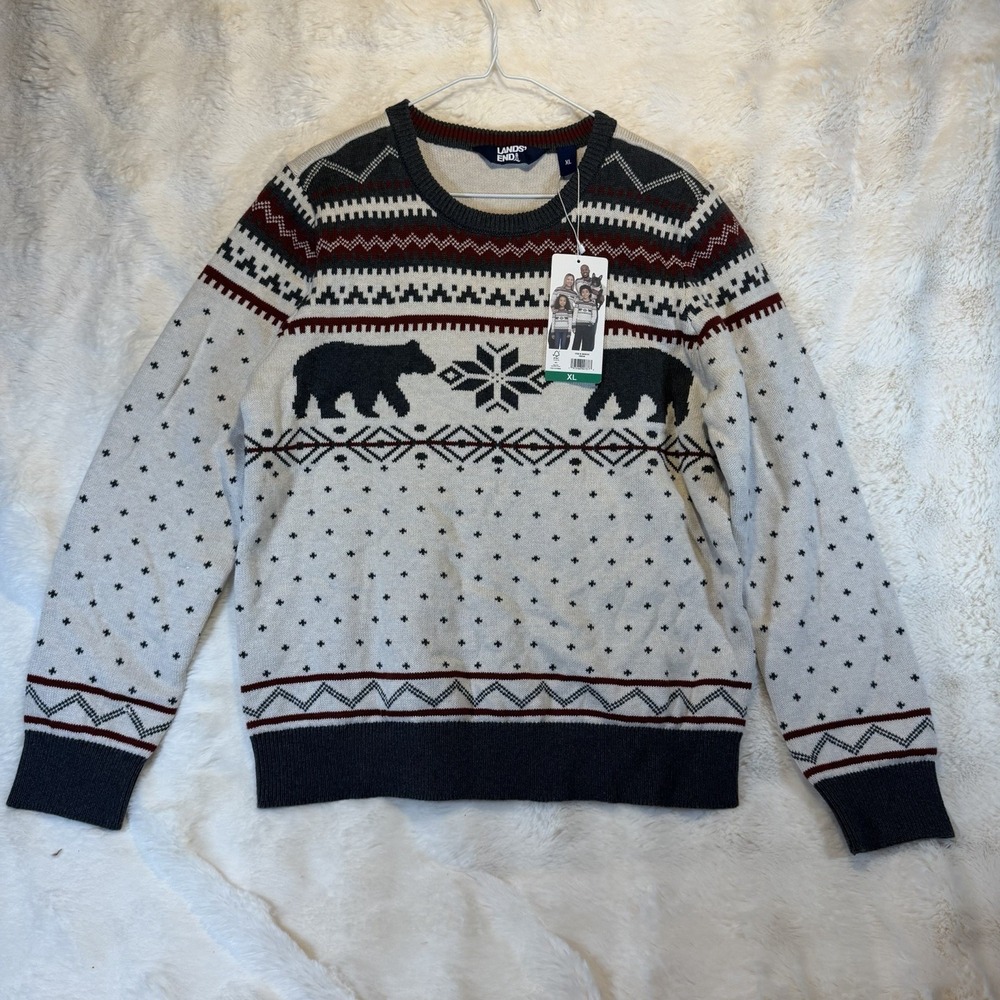 Lands‎ End Mens XL Cream Fair Isle Bear Snowflake Holiday Sweater 1800143 NWT
